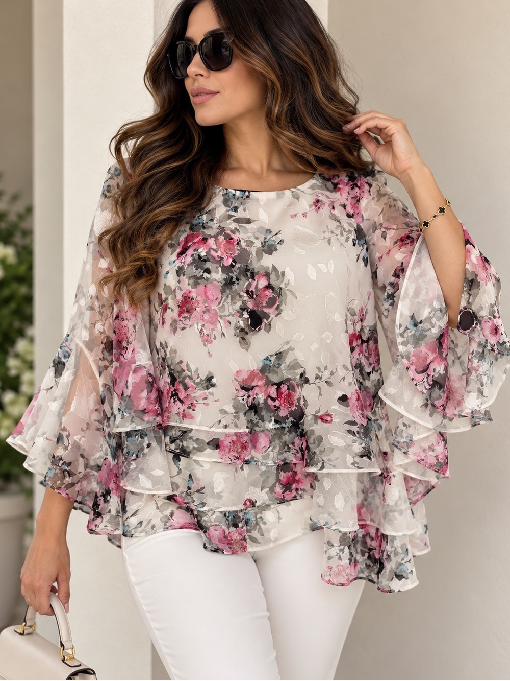 Alex Evenings Floral Tiered Sheer Blouse Ivory Pink NWT 2X